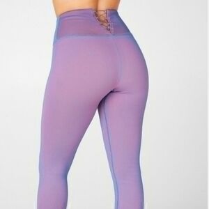 Fabletics Workout Set Purple Ribbed High Waisted Lace Up Pants & Matching Top XL